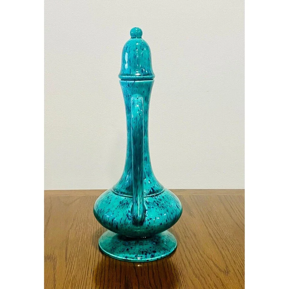1970s Studio Pottery Genie Bottle Signed Teal Blue Speckled Glaze MCM Boho Decor